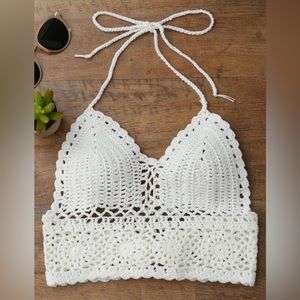 Zaful White Crochet Midi Tie Backless Halter Knit Top NWT
